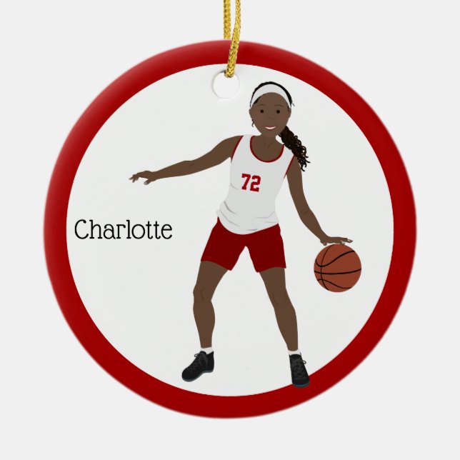 African American Basketball Girl In Red & White Ceramic Ornament (Front)