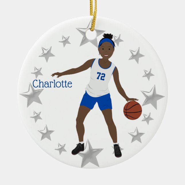 African American Basketball Player White & Blue Ceramic Ornament (Front)