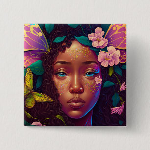 African American Black Fairy Fantasy Art 2 Inch Square Button