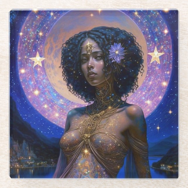 African American Black Goddess Queen Fantasy Art Glass Coaster (Front)