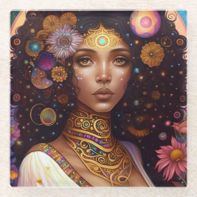 African American Black Goddess Queen Fantasy Art Glass Coaster (Front)