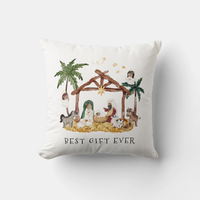 African American Black Nativity Christmas Throw Pillow (Front)