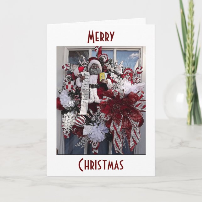AFRICAN-AMERICAN BLACK SANTA WREATH HOLIDAY CARD (Front)
