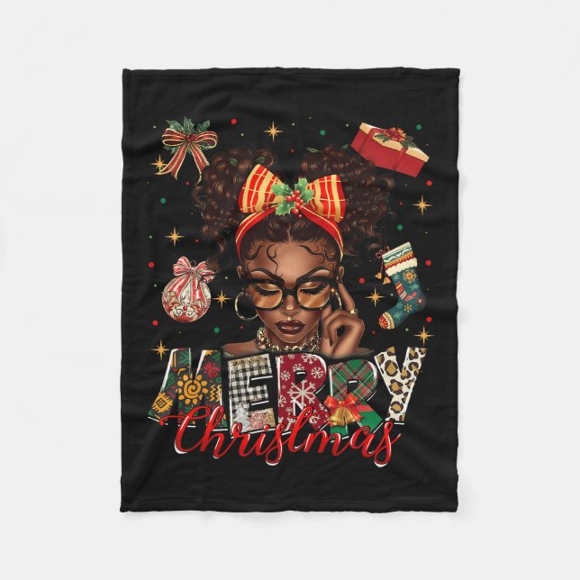 African American Black Woman Merry Christmas Pajam Fleece Blanket (Front)