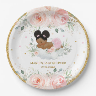 African American Blush Floral Girl Baby Shower  Paper Plate