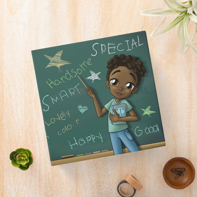 African American Boy and Green Chalkboard Binder (In Situ)
