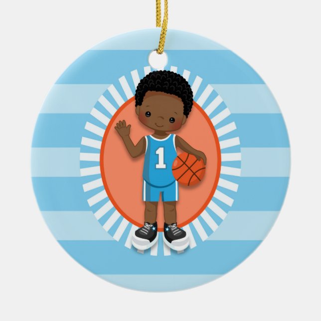 African American Boy Basketball Player Ceramic Ornament (Front)
