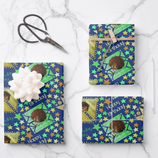 African American Boy Birthday Wrapping Paper Sheet (Front)