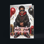African American Boy Black/Red Birthday Behaviour Card<br><div class="desc">African American Boy Black/Red Birthday Behaviour Card Celebrate with style! Our birthday greeting card features an illustration of a happy African American boy rocking a sparkly black and red sweatshirt, black jeans, and luxury sunglasses. He stands amidst big black and red gift boxes, confetti, and balloons. Front texts reads 'Birthday...</div>