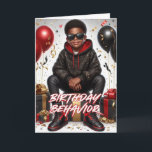 African American Boy Black/Red Birthday Behaviour Card<br><div class="desc">African American Boy Black/Red Birthday Behaviour Card Celebrate with style! Our birthday greeting card features an illustration of a happy African American boy rocking a sparkly black and red sweatshirt, black jeans, and luxury sunglasses. He stands amidst big black and red gift boxes, confetti, and balloons. Front texts reads 'Birthday...</div>