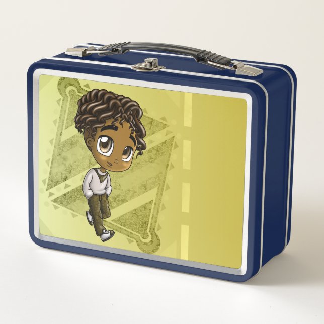 African American Boy Curly Hair Metal Lunchbox (Front)