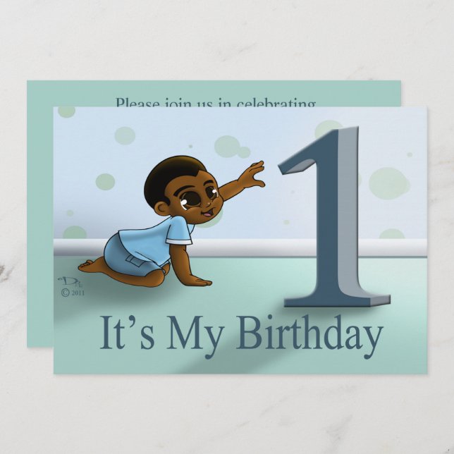 African American Boy First Birthday Party Invitation (Front/Back)