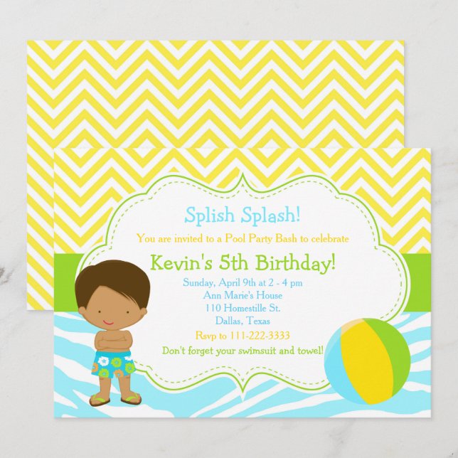 African American Boy Pool Party Bash Party Invitation (Front/Back)