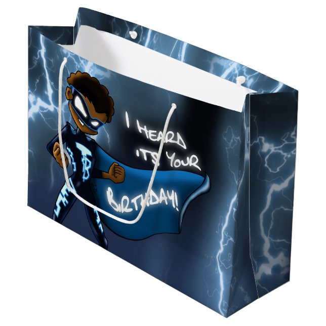 African American Boy Superhero Birthday Large Gift Bag (Front Angled)