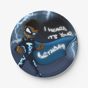 African American Boy Superhero Birthday Paper Plate