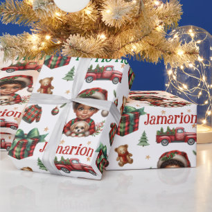 African American Boy with puppy Plaid Christmas Wrapping Paper
