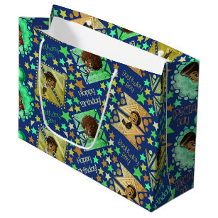 African American Boys and Stars Birthday on Blue Large Gift Bag
