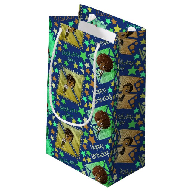 African American Boys and Stars Birthday on Blue Small Gift Bag (Back Angled)