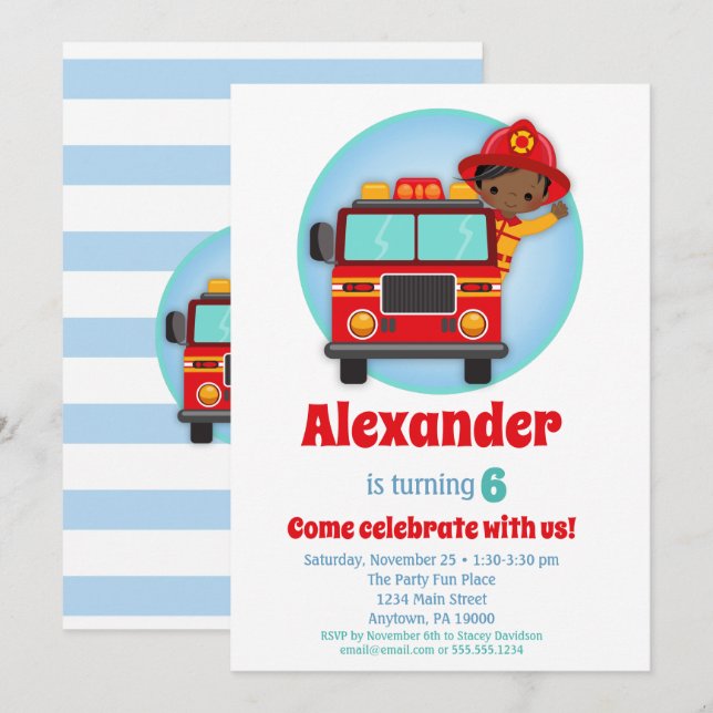 African American Boys Firefighter Birthday Invitation (Front/Back)