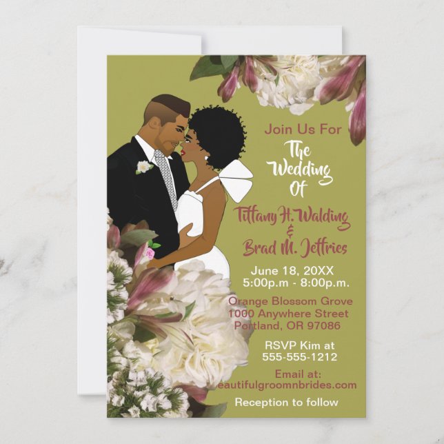 African American Bride & Groom Gold & Pink Wedding Invitation (Front)