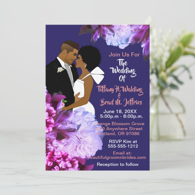 African American Bride & Groom Royal Blue Wedding Invitation (Standing Front)