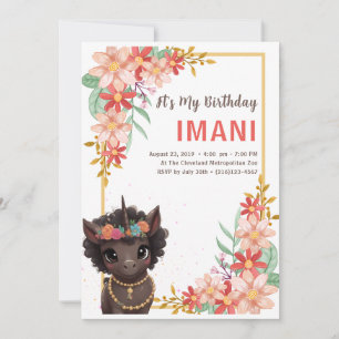 African American Brown Unicorn Kids Birthday Invitation