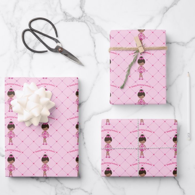 African American Cheerleader Custom Pink Birthday Wrapping Paper Sheet (Front)