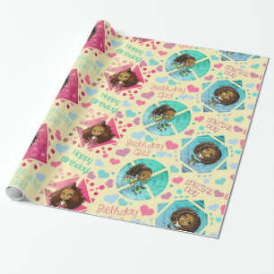 African American Chibi Girls with Hearts Birthday Wrapping Paper