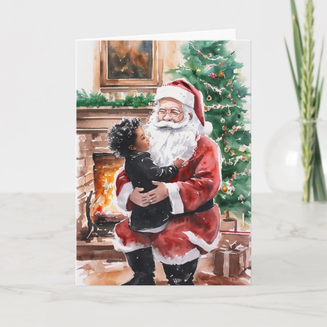 African American Christmas Card with Child & Santa (Front)