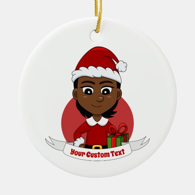 African American Christmas girl with short hair Ceramic Ornament (Front)
