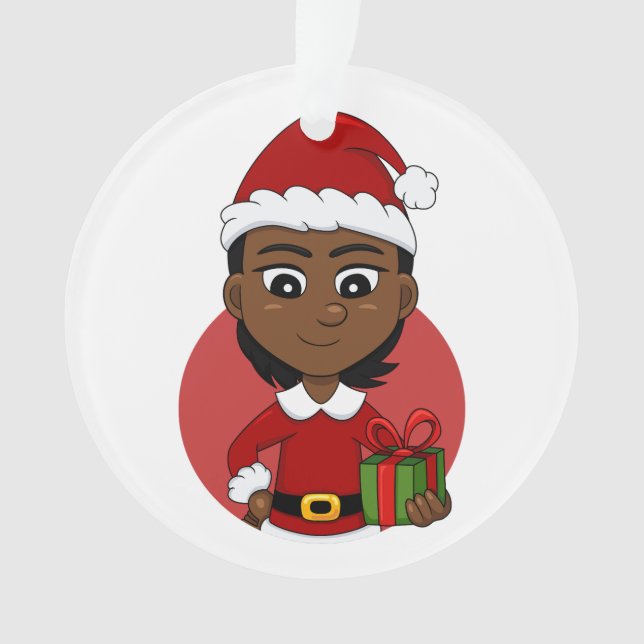 African American Christmas girl with short hair Ornament (Front)