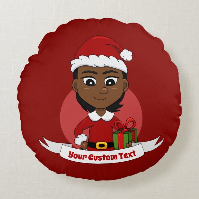 African American Christmas girl with short hair Round Pillow (Front)