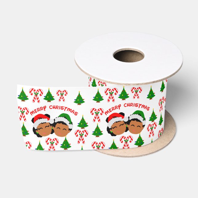 African American Christmas Kids Boy and Girl Twins Satin Ribbon (Spool)
