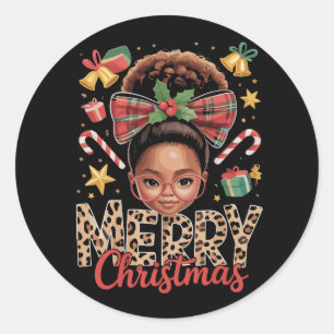 African American Christmas Messy Bun Black Mom  Classic Round Sticker