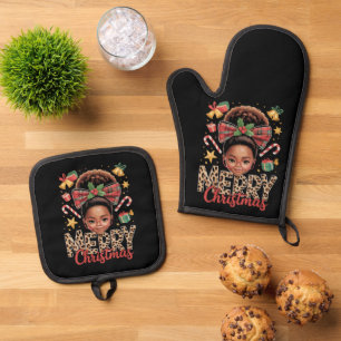 African American Christmas Messy Bun Black Mom  Oven Mitt & Pot Holder Set