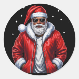 African American Christmas Pajama Xmas Afro Santa  Classic Round Sticker