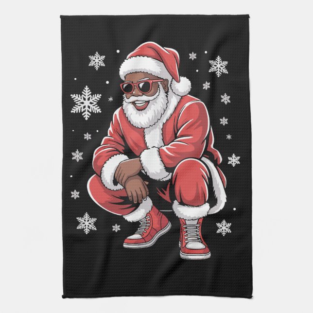 African American Christmas Pajama Xmas Afro Santa  Kitchen Towel (Vertical)