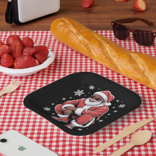 African American Christmas Pajama Xmas Afro Santa  Paper Plate (Picnic)