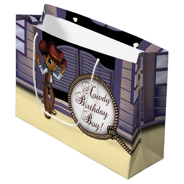 African American Cowboy Birthday Large Gift Bag (Front Angled)
