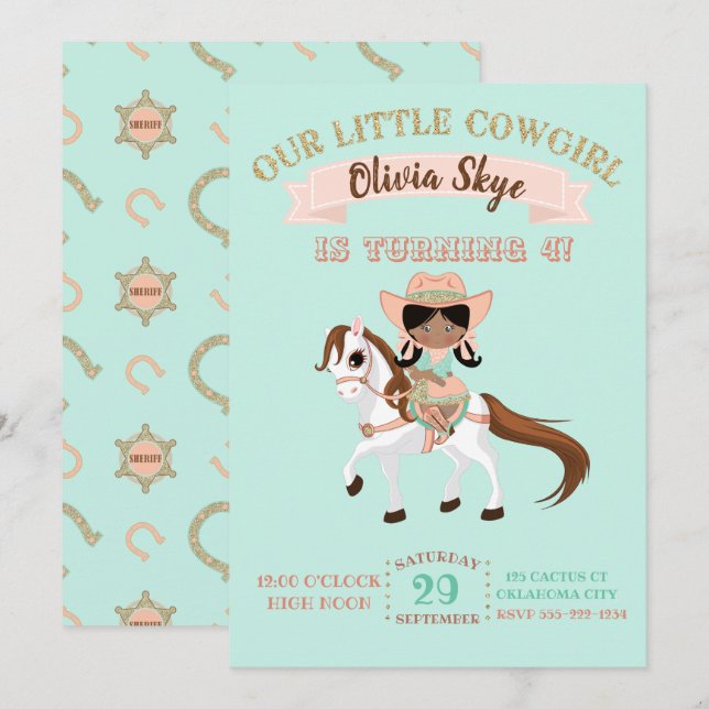 African American Cowgirl on Horse Girls Birthday Invitation (Front/Back)