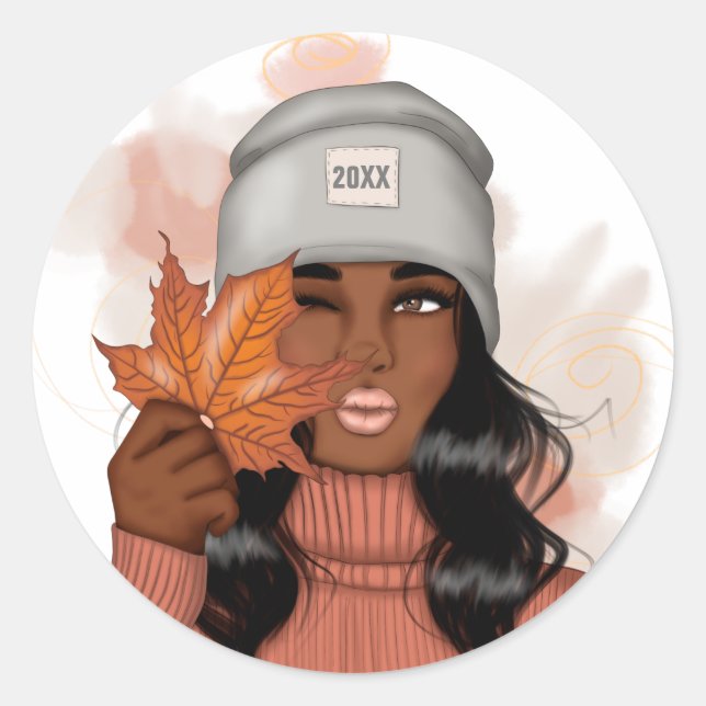 African American Cozy Autumn Fall Thanksgiving Classic Round Sticker (Front)