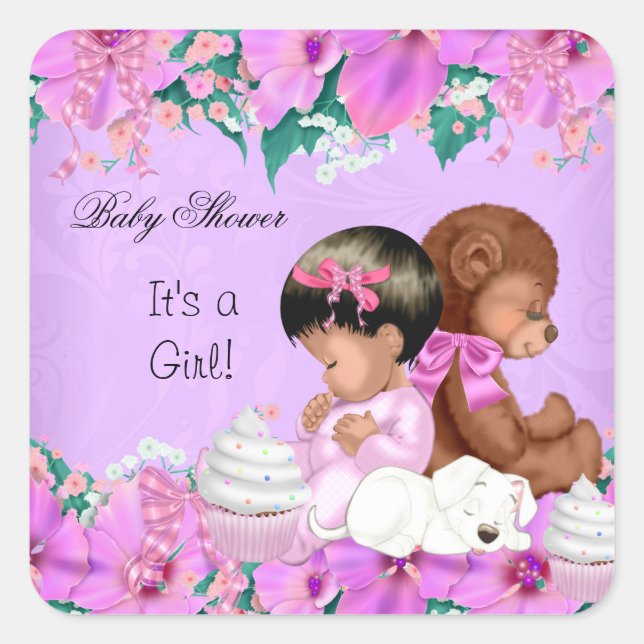 African American Cute Baby Shower Girl  Puppy Square Sticker (Front)