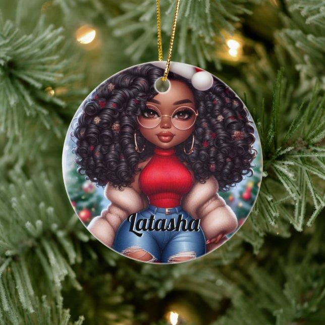 African American Cute Christmas woman Ceramic Ornament (Tree)