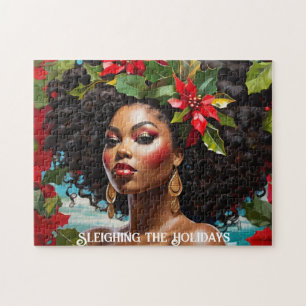 African American Diva Christmas Holly Illustration Jigsaw Puzzle