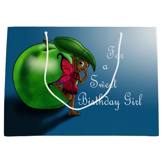 African American Fairy and Apple Birthday Large Gift Bag (Front)