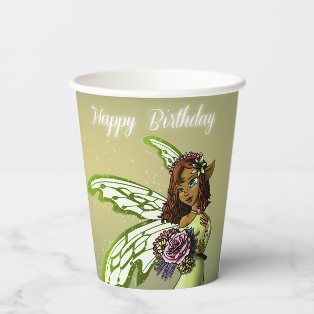 African American Fairy and Flowers Birthday Paper Cups (Back)