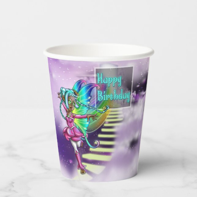 African American Fairy and Rainbow Birthday Paper Cups (Back)