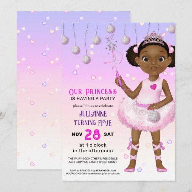 African American Fairy Princess Birthday Invitation (Front/Back)
