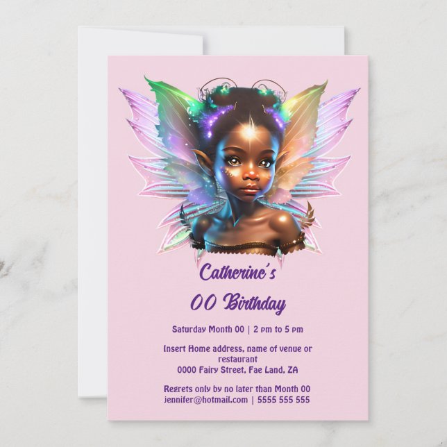 African american fairy princess glitter wings chic invitation (Front)