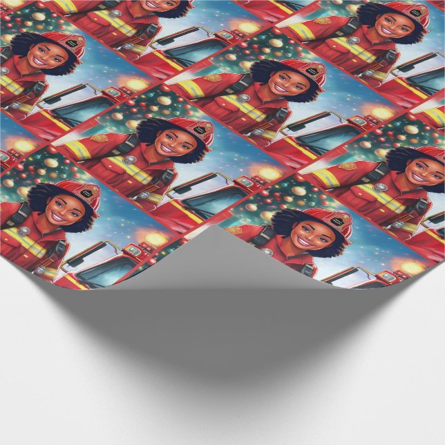 African American Female Firefighter Christmas Wrapping Paper (Corner)